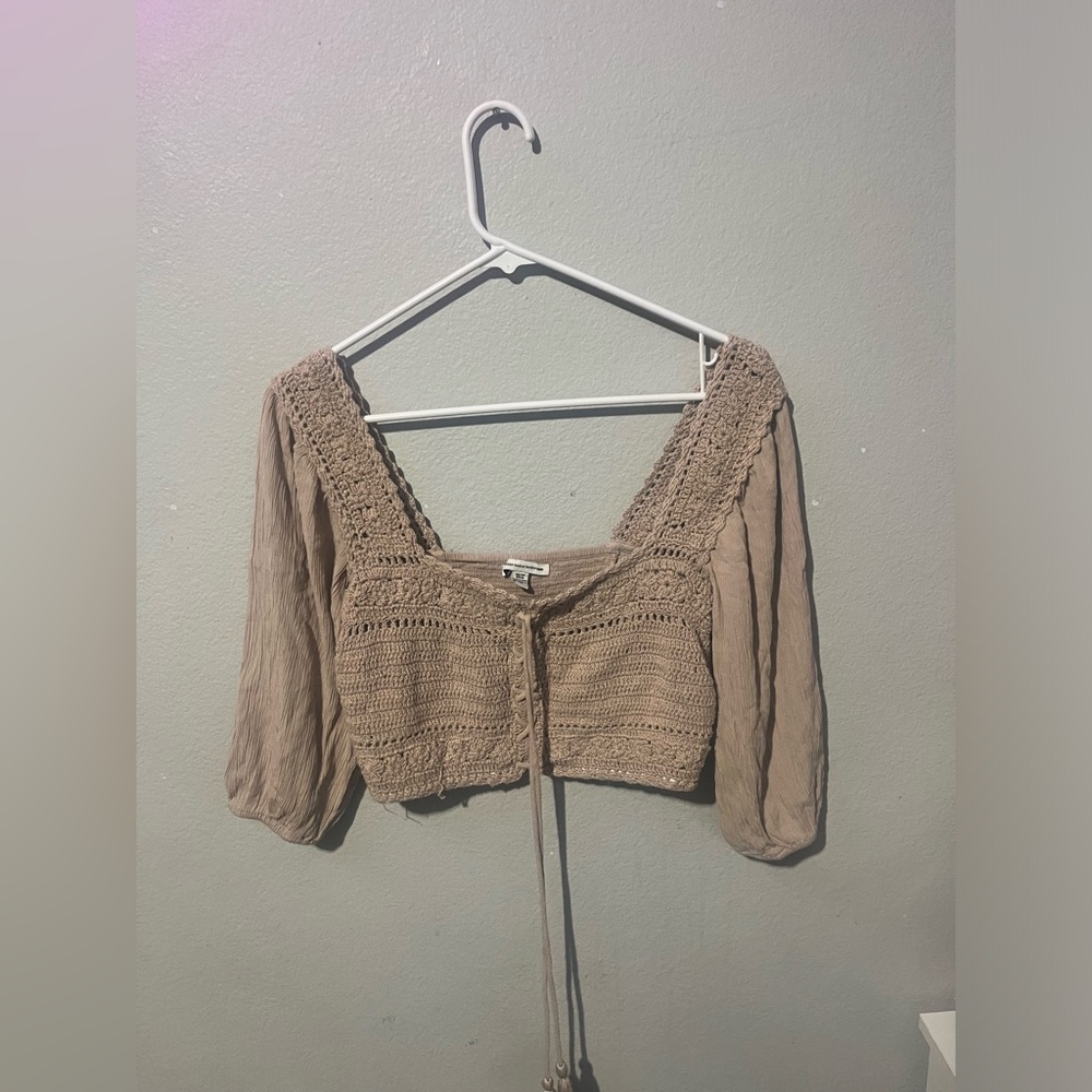 American Eagle‎ Peasant Blouse XS Dainty Crochet Edge Ribbon Ties Boho
